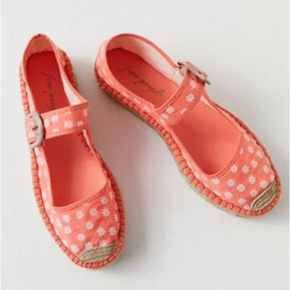 FREE PEOPLE SURFSIDE DAISY PRINT MARY JANE ESPADRILLES TANGERINE ORANGE EU39 NEW - Picture 1 of 12